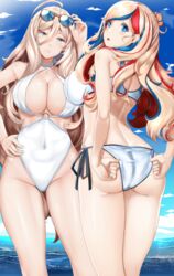  2girls absurdres adjusting_clothes adjusting_swimsuit alternate_costume ass ass_visible_through_thighs bare_shoulders bikini blonde_hair blue_eyes blue_sky blush breasts chiyo_goya cleavage cloud collarbone commandant_teste_(kancolle) commentary covered_navel criss-cross_halter day english_commentary from_behind halterneck hand_under_clothes highres kantai_collection large_breasts long_hair looking_at_viewer mole mole_under_eye mole_under_mouth multicolored_hair multiple_girls navel o-ring o-ring_bikini o-ring_top one-piece_swimsuit outdoors richelieu_(kancolle) side-tie_bikini_bottom sky sunglasses swimsuit thighs upper_body white_bikini white_one-piece_swimsuit 