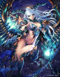  armor bikini_armor breasts claws cleavage commentary_request dragon_girl fantasy female highres horns kazto_furuya large_breasts looking_at_viewer midriff monster_girl navel official_art pointy_ears revealing_clothes shingoku_no_valhalla_gate solo thigh_gap watermark white_hair wings 