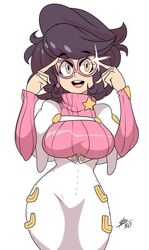  bad_link bigdead breasts capelet curvy female glasses high-waist_skirt highres large_breasts looking_at_viewer medium_skirt pencil_skirt pokemon pokemon_sm ribbed_sweater round_teeth skirt smile solo sweater teeth thick_eyebrows turtleneck white_capelet white_skirt wicke_(pokemon) wide_hips yellow_eyes 