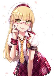  adjusting_eyewear blonde_hair blush collarbone commentary_request earrings eyelashes female glasses green_eyes haikimono_shounen hat idolmaster idolmaster_cinderella_girls idolmaster_cinderella_girls_starlight_stage jewelry jougasaki_rika leaning_forward long_hair looking_at_viewer necktie one_eye_closed petals plaid plaid_skirt puffy_short_sleeves puffy_sleeves red-framed_eyewear red_skirt semi-rimless_eyewear shirt short_sleeves simple_background skirt smile solo striped striped_necktie tongue tongue_out white_background white_shirt wrist_cuffs yellow_necktie 