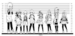  6+girls abigail_williams_(fate) ahoge alternate_hairstyle ball bandages benienma_(fate) bow braid commentary elbow_pads fate/apocrypha fate/extra fate/grand_order fate/stay_night fate_(series) greyscale hair_over_one_eye hairbow hands_on_own_face headband height_chart highres holding holding_ball illyasviel_von_einzbern jack_the_ripper_(fate/apocrypha) jeanne_d&#039;arc_alter_santa_lily_(fate) knee_pads medusa_(fate) medusa_(lancer)_(fate) monochrome multiple_girls multiple_hair_bows nursery_rhyme_(fate) one_eye_closed pantyhose paul_bunyan_(fate) pointing pointing_at_viewer polo_shirt ponytail scar scar_on_face shorts sitonai_(fate) sportswear teke-emon twintails volleyball volleyball_uniform whistle 