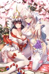  2girls bare_shoulders black_hair blonde_hair blush breast_press breasts brown_eyes cherry_blossoms chinese_commentary cleavage closed_mouth commentary_request copyright_request dress floral_print flower garter_straps green_eyes hair_between_eyes hair_ornament high_heels highres jewelry kneeling kouhaku_nawa lace lace-trimmed_legwear lace-trimmed_panties lace_trim large_breasts long_hair looking_at_viewer multiple_girls necklace off_shoulder outdoors outstretched_arm panties pelvic_curtain petals print_dress purple_flower purple_rose ribbon-trimmed_legwear ribbon_trim ring rope rose shawl shimenawa sitting thighhighs tree underwear veil wedding_ring white_dress white_footwear white_panties white_thighhighs yokozuwari zomzomzomsauce 