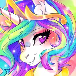  1:1 2018 2d_animation animated animated_sparkles blinking closed_eyes colorful_theme crown epilepsy_warning equid equine eyebrows eyelashes female feral flickering_sparkles frame_by_frame friendship_is_magic grin hair hasbro headgear headshot_portrait horn icon inner_ear_fluff iridescent iridescent_crown iridescent_hair iridescent_mane long_hair looking_at_viewer makeup mammal mascara multicolored_hair my_little_pony mythological_creature mythological_equine mythology portrait princess_celestia_(mlp) purple_eyes rainbow_hair royalty short_playtime smile solo sparkles teeth tuft unicorn warm_colors wilvarin-liadon 