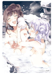  2girls ass blue_eyes breasts brown_hair cleavage closed_eyes completely_nude eyebrows highres medium_breasts mole mole_on_breast multiple_girls nakayama_miyuki new_game! nude onsen open_mouth outdoors same-sex_bathing shared_bathing sideboob small_breasts snow suzukaze_aoba takimoto_hifumi white_hair 