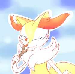  2016 anthro braixen chest_tuft dipstick_tail fluffy fluffy_tail generation_6_pokemon happy hi_res inner_ear_fluff looking_at_viewer markings mrdegradation multicolored_tail nintendo one_eye_closed pokemon pokemon_(species) smile solo stick tail tail_markings tuft wink 