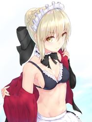  apron artoria_pendragon_(alter_swimsuit_rider)_(fate) artoria_pendragon_(alter_swimsuit_rider)_(second_ascension)_(fate) artoria_pendragon_(fate) bikini bikini_top_only black_bikini black_bow black_neckwear blonde_hair bow braid braided_bun breasts choker cleavage commentary_request fate/grand_order fate_(series) female frilled_apron frilled_bikini frills groin hair_between_eyes hair_bun hairbow highres jacket long_sleeves maid_headdress medium_breasts navel open_clothes open_jacket reuri_(tjux4555) short_hair simple_background solo swimsuit undressing upper_body waist_apron white_apron white_background yellow_eyes 