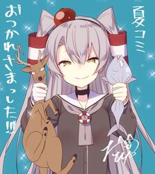  amatsukaze_(kancolle) antlers blue_background brown_dress brown_eyes choker commentary_request dress female fish grey_hair hair_tubes hat horns kantai_collection lifebuoy long_hair looking_at_viewer mini_hat reindeer sailor_dress signature simple_background smile sparkle strangling swim_ring tahya tilted_headwear translation_request two_side_up upper_body 