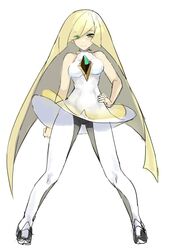  bad_id bad_twitter_id bare_arms blonde_hair breasts dress eyes_visible_through_hair female full_body green_eyes hand_on_own_hip jirusu long_hair looking_at_viewer lusamine_(pokemon) medium_breasts pantyhose pokemon pokemon_sm short_dress simple_background solo standing white_background 