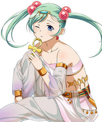  blue_eyes breasts cleavage collarbone detached_sleeves earrings eyebrows female green_hair hair_bobbles hair_ornament ikkitousen jewelry long_hair looking_at_viewer magatama magatama_earrings one_eye_closed photoshop_(medium) see-through shokatsuryou_koumei small_breasts solo strapless twintails 