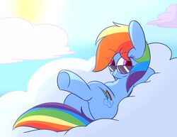  cloud cutie_mark equid eyebrows eyewear female feral friendship_is_magic hair hasbro hi_res mammal mrdegradation multicolored_hair my_little_pony outside rainbow_dash_(mlp) raised_eyebrows smile solo sun sunglasses 