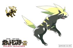  2018 ambiguous_gender beta_pokemon_(species) beta_pokemon_games black_body black_fur canid canine english_text fangs feral fur legendary_pokemon mammal nintendo pokemon pokemon_(species) pokemon_gold_beta rai_(pokemon_gold_beta) simple_background solo stripes teeth text tomycase white_background yellow_body yellow_fur 