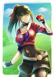  baseball_cap black_bodysuit black_hat black_shorts bodysuit bodysuit_under_clothes breasts brown_hair choker cleavage collarbone commentary_request covered_navel cowboy_shot female female_protagonist_(pokemon_go) green_eyes hair_between_eyes hat high_ponytail highres holding holding_poke_ball jacket long_hair looking_at_viewer navel partially_unzipped poke_ball poke_ball_(basic) pokemon pokemon_go raito_(latek) red_jacket shiny_clothes short_shorts shorts smile solo standing v-shaped_eyebrows 