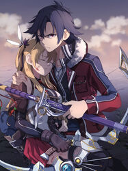  1boy alisa_reinford angry black_hair blonde_hair boots bow_(weapon) breasts closed_eyes commentary_request cross-laced_footwear cuts dirty dirty_clothes dirty_face eiyuu_densetsu feather_hair_ornament feathers female fur-trimmed_jacket fur_trim glaring gloves hair_ornament highres injury jacket kneeling leather leather_gloves long_hair long_sleeves looking_at_viewer medium_breasts miniskirt neck_ribbon pants pleated_skirt protecting rean_schwarzer red_eyes ribbon scabbard sen_no_kiseki sheath sheathed shirt short_hair skirt sword tekutonbo twintails unconscious weapon 