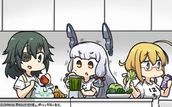  3girls alternate_costume apple apron bag banana bell_pepper blender_(object) blonde_hair blue_eyes book broccoli brown_eyes carrot celery clothes_writing commentary_request counter cucumber dated eyepatch food fruit glasses green_eyes green_hair green_pepper grey_hair hair_ribbon hamu_koutarou headgear highres i-8_(kancolle) kantai_collection kiso_(kancolle) long_hair low_twintails medium_hair multiple_girls murakumo_(kancolle) plastic_bag reading red-framed_eyewear ribbon shirt sidelocks t-shirt thick_eyebrows translation_request tress_ribbon twintails vegetable white_hair white_shirt 