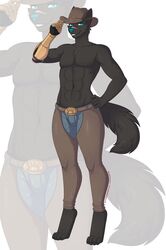  2019 abs bottomwear canid canine canis clothed clothing cowboy dated digital_media_(artwork) kitsunewaffles-chan male mammal pants scar smile solo topless wolf 