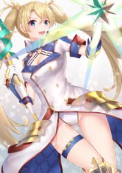  :d armor armored_boots blonde_hair blue_eyes boots bradamante_(fate) bradamante_(second_ascension)_(fate) breasts cleavage cleavage_cutout clothing_cutout commentary fate/grand_order fate_(series) faulds female floating_hair gloves hair_between_eyes highres holding holding_weapon leotard long_hair medium_breasts open_mouth reuri_(tjux4555) smile solo thigh_strap twintails very_long_hair waist_cape weapon white_gloves white_leotard 