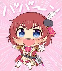  :d across_the_stars_(idolmaster) anzai_miyako bandaid bandaid_on_knee bandaid_on_leg belt blue_eyes blush boots chibi clock commentary_request dress emphasis_lines epaulettes eyebrows feather_hair_ornament feathers female hair_ornament idolmaster idolmaster_cinderella_girls idolmaster_cinderella_girls_starlight_stage knees_together_feet_apart noukatu open_mouth pink_background plaid plaid_dress red_hair roman_numeral short_hair smile solo teeth v-shaped_eyebrows white_footwear 