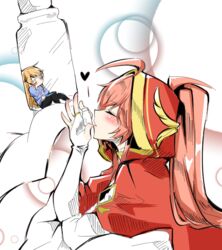  1boy ahoge blush bottle chung_seiker commentary_request elsword female heart hood ignia_(elsword) iron_paladin_(elsword) long_hair mini_person miniboy orange_hair ponytail soo_(vyve2555) 