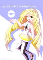  blonde_hair commentary_request diamond_(gemstone) dress female full_body green_eyes hair_over_one_eye highres long_hair lusamine_(pokemon) pantyhose poke_ball_symbol pokemon pokemon_sm shoes short_dress sleeveless sleeveless_dress very_long_hair writing yuyumi_(yuurei) 