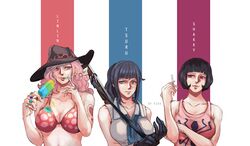  3girls adjusting_clothes adjusting_gloves aged_down arm_tattoo bare_arms bare_shoulders bikini bikini_top_only black_gloves black_hair blue_eyes bob_cut breasts camisole character_name charlotte_linlin cigarette cleavage closed_mouth collarbone commentary cowboy_hat earrings english_commentary food gloves gun gun_on_back hand_on_own_arm hand_up hands_up hat heart heart_tattoo high_ponytail highres holding holding_cigarette holding_food jewelry k164 licking licking_finger lips long_hair looking_at_viewer multiple_girls one_piece pink_hair popsicle red_eyes rifle ring serious shakuyaku_(one_piece) shirt short_hair sidelocks signature sleeveless sleeveless_shirt smile stomach swimsuit tattoo tongue tongue_out tsuru_(one_piece) upper_body weapon weapon_on_back 