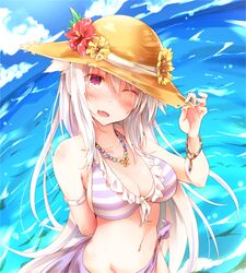  ;d bare_shoulders bikini blue_sky blush bracelet breasts cleavage cloud commentary_request day female flower front-tie_bikini_top front-tie_top hair_between_eyes hand_on_headwear hand_up hat hat_flower head_tilt hibiscus horizon jewelry long_hair looking_at_viewer navel necklace ocean oerba_yun_fang one_eye_closed open_mouth original outdoors purple_sarong red_eyes red_flower rinrin_(927413) sarong shiro_(rinrin) sky smile solo straw_hat striped_bikini striped_clothes sunflower swimsuit very_long_hair water white_hair yellow_flower 