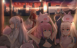  animal aqua_eyes blonde_hair girls_frontline gray_hair green_eyes group pink_hair spas_12 springfield_(girls_frontline) sunset tagme_(artist) tagme_(character) 