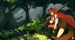  :q animal animal_ears artist_name boots brown_hair cloak commentary fake_animal_ears female fingerless_gloves forest frills gloves gun hair_between_eyes hairband highres holding holding_weapon knee_boots lansane little_red_riding_hood long_hair nature orange_eyes original oversized_animal pouch red_hood rifle shirt shorts sidelocks signature sleeves_rolled_up smile solo suspender_shorts suspenders tail tongue tongue_out tree tsana_(lansane) very_long_hair weapon white_shirt wolf wolf_tail 