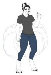  2018 bottomwear canid canine canis clothing dated digital_media_(artwork) ear_piercing ear_ring eyewear glasses kitsunewaffles-chan male mammal multi_tail pants piercing ring_piercing shirt smile solo tail topwear wolf 