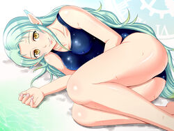  absurdres aqua_hair ass bad_id bad_pixiv_id blue_one-piece_swimsuit breasts cleavage dripping female highres legs_together long_hair looking_at_viewer lying medium_breasts muzet_(tales) on_side one-piece_swimsuit pazuzu438 photoshop_(medium) pointy_ears school_swimsuit smile solo swimsuit tales_of_(series) tales_of_xillia tales_of_xillia_2 water water_drop wet yellow_eyes 