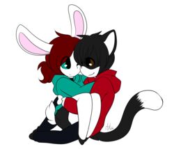  alpha_channel anthro black_body black_fur black_hair blue_eyes brown_eyes chibi domestic_cat duo felid feline felis female freeze-pop88 fur hair lagomorph leporid male mammal rabbit red_hair romantic romantic_couple simple_background white_body white_fur 