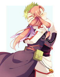  1boy arm_around_back bag blue_background blush closed_eyes commentary_request cowboy_shot eiyuu_densetsu female green_hair habit hair_ribbon hand_on_another&#039;s_head hug jacket kevin_graham long_hair medallion nun ponytail profile red_hair ribbon ries_argent satchel shirt short_hair sidelocks simple_background smile sora_no_kiseki spiked_hair tekutonbo two-tone_background white_background 