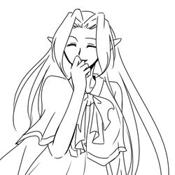  closed_eyes female female filia_ul_copt laughing long_hair menthe_saila monochrome pointy_ears slayers slayers_try smile solo 