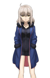  :o absurdres ahoge alternate_eye_color black_dress blue_coat brown_eyes coat commentary cosplay cross cwind dress fate/grand_order fate_(series) female fur-trimmed_coat fur_trim girls_und_panzer grey_hair highres itsumi_erika jeanne_d&#039;arc_alter_(fate) jeanne_d&#039;arc_alter_(ver._shinjuku_1999)_(fate) jeanne_d&#039;arc_alter_(ver._shinjuku_1999)_(fate)_(cosplay) jewelry long_hair looking_at_viewer necklace official_alternate_costume open_clothes open_coat open_mouth short_dress simple_background solo standing white_background 