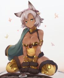  animal_ears animal_hands aqua_eyes black_gloves bracelet breasts cape cat_ears cleavage commentary dark-skinned_female dark_skin erune female flower gloves granblue_fantasy grey_hair hair_flower hair_ornament jewelry looking_at_viewer medium_breasts melleau paw_gloves short_hair sitting solo thighhighs yellow_thighhighs yonaga_san 