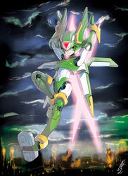  1boy android cloud commentary_request crop_top dark_clouds dual_wielding energy_sword flying green_eyes green_headwear helmet highres holding joints male_focus mega_man_(series) mega_man_zero_(series) photoshop_(medium) robot_joints sage_harpuia_(mega_man) shoe_soles signature sky solo sumomo sword weapon 