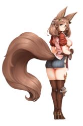  animal_ear_fluff animal_ears ass bad_link barbariank belt boots breasts brown_footwear brown_gloves brown_hair commentary earrings english_commentary erune female fluffy from_behind full_body gloves granblue_fantasy high_heel_boots high_heels highres hip_vent jewelry la_coiffe_(granblue_fantasy) large_breasts large_tail long_hair looking_at_viewer looking_back panties puffy_short_sleeves puffy_sleeves short_sleeves sideboob sideless_outfit smile solo tail thigh_boots thighhighs transparent_background underwear white_panties 