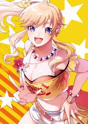  :d akizuki_hakuto blonde_hair blue_eyes bra bracelet breasts cleavage collarbone commentary_request crop_top female floating_hair groin hair_between_eyes idolmaster idolmaster_cinderella_girls idolmaster_cinderella_girls_starlight_stage jewelry long_hair looking_at_viewer medium_breasts midriff navel necklace ohtsuki_yui open_mouth orange_bra ponytail shirt short_shorts shorts sidelocks sleeveless sleeveless_shirt smile solo standing star_(symbol) starry_background stomach striped striped_background torn_clothes torn_shorts underwear very_long_hair w white_shorts wristband yellow_background yellow_shirt 