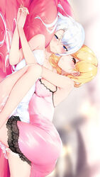  2girls ass blonde_hair blush breast_press breasts chemise copyright_request highres holding_hands interlocked_fingers lace-trimmed_chemise lace_trim large_breasts leg_up li_zhiheng long_hair lying multiple_girls on_back on_stomach orange_eyes parted_lips purple_eyes small_breasts wavy_mouth white_hair yuri 