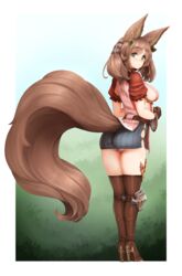  animal_ear_fluff animal_ears ass bad_link barbariank belt boots breasts brown_footwear brown_gloves brown_hair commentary earrings english_commentary erune female fluffy from_behind full_body gloves granblue_fantasy high_heel_boots high_heels highres hip_vent jewelry la_coiffe_(granblue_fantasy) large_breasts large_tail long_hair looking_at_viewer looking_back panties puffy_short_sleeves puffy_sleeves short_sleeves sideboob sideless_outfit smile solo tail thigh_boots thighhighs underwear white_panties 