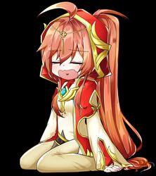  ahoge cloak commentary_request elsword female hair_between_eyes hood ignia_(elsword) long_hair open_mouth orange_hair ponytail priestess sitting soo_(vyve2555) symbol yawning 