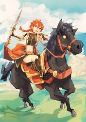  1boy alexander_(fate) blue_sky boots braid bucephalus_(fate) cape cloud commentary_request day fate/grand_order fate_(series) geetgeet horse horseback_riding long_hair male_focus midriff navel red_eyes red_hair riding sky solo sword weapon 