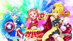  3girls :d avengers_(series) blonde_hair blue_eyes blue_hair blush cape captain_america captain_america_(cosplay) commentary cosplay cowboy_shot cure_ange cure_etoile cure_yell dress earrings elbow_gloves fingerless_gloves garrison_cap gloves glowing hair_ornament hair_ribbon hammer hat head_wings heart highres hugtto!_precure iron_man iron_man_(cosplay) jewelry kagayaki_homare lipstick long_hair looking_at_viewer magical_girl makeup marvel midriff multiple_girls navel nono_hana open_mouth parody pink_eyes pink_hair pom_pom_(cheerleading) precure ribbon scarf shield shiny_clothes shiny_skin skirt smile sparkle star_(symbol) star_hair_ornament superhero_costume thighs thor_(marvel) thor_(marvel)_(cosplay) ueyama_michirou very_long_hair weapon wings wrist_cuffs yakushiji_saaya yellow_eyes 