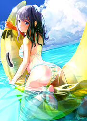  ass back banana_boat barefoot bikini black_hair blue_eyes blue_sky blush breasts cloud commentary_request day feet female highres long_hair looking_at_viewer medium_breasts natsui_tuna ocean one_side_up original outdoors sky smile soles solo striped_bikini striped_clothes swimsuit toe_scrunch toes wet 