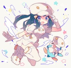  &gt;_&lt; :d aether_foundation_uniform bird blue_hair closed_eyes commentary_request cosplay dark_blue_hair dawn_(pokemon) dress female gloves hair_ornament hand_on_headwear hat long_hair oerba_yun_fang open_mouth penguin piplup pokemon pokemon_(creature) pokemon_dppt pokemon_sm purple_eyes short_sleeves smile star_(symbol) takashino_(noni-nani) thighhighs white_dress white_gloves white_hat white_legwear 