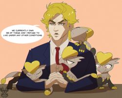  1boy birthmark biting blonde_hair chromatic_aberration commentary_request crossover dio_brando ear_birthmark ear_biting english_text eyebrows formal highres interlocked_fingers jangmo-o jojo_no_kimyou_na_bouken male_focus necktie phantom_blood pokemon pokemon_(creature) speech_bubble suit talking xnirox 