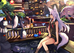  aliasing animal animal_ears breasts building cleavage foxgirl haik long_hair original penguin red_eyes seifuku tail tree water white_hair 