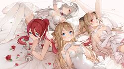  4girls absurdres alternate_hairstyle animal_ears bad_link blue_eyes breasts brown_hair cat_ears cleavage dress elbow_gloves feet g36c_(girls&#039;_frontline) g36c_(you_who_steps_up)_(girls&#039;_frontline) girls&#039;_frontline gloves haijin half_gloves heterochromia highres lace lace_gloves large_breasts long_hair lying medium_breasts mk23_(conveyed_feelings)_(girls&#039;_frontline) mk23_(girls&#039;_frontline) multiple_girls official_alternate_costume official_art on_back on_side on_stomach ponytail red_eyes red_hair resized strapless strapless_dress suomi_(blissful_mission)_(girls&#039;_frontline) suomi_(girls&#039;_frontline) t-5000_(girls&#039;_frontline) t-5000_(oath_of_transformation)_(girls&#039;_frontline) the_pose thighhighs third-party_source toes upscaled wedding_dress white_dress white_hair 