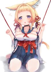  :o ahoge animal_ear_fluff animal_ears ariake_(azur_lane) azur_lane bell black_choker blonde_hair blue_hakama blue_sailor_collar blush breasts cat_ears cat_girl cat_tail choker cleavage commentary_request detached_sleeves female fingernails hair_bell hair_intakes hair_ornament hakama hakama_short_skirt hakama_skirt hands_up highres inushida_(dogsheepsheep) japanese_clothes jingle_bell low_twintails medium_breasts medium_hair nail_polish neckerchief oerba_yun_fang open_mouth pantyhose pink_nails purple_eyes red_neckerchief sailor_collar sitting skirt solo squiggle tail twintails wariza white_pantyhose wide_sleeves 