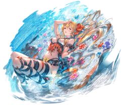  alpha_transparency arm_garter arm_up bikini blonde_hair blue_flower blush breasts cleavage day female flower frilled_bikini frills full_body granblue_fantasy hair_between_eyes hair_flower hair_ornament hibiscus large_breasts leg_ribbon long_hair looking_at_viewer lying minaba_hideo navel ocean official_alternate_costume official_art on_back open_mouth outdoors partially_submerged pink_flower red_eyes red_flower ribbon smile solo stomach swimsuit thigh_ribbon transparent_background very_long_hair vira_(granblue_fantasy) vira_(summer)_(granblue_fantasy) water white_bikini 