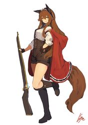  animal_ears artist_name boots brown_hair cloak fake_animal_ears female fingerless_gloves frills full_body gloves grin gun hair_between_eyes hairband hand_on_own_hip highres knee_boots lansane little_red_riding_hood long_hair looking_at_viewer orange_eyes original red_hood rifle shirt shorts sidelocks signature simple_background sleeves_rolled_up smile solo standing standing_on_one_leg suspender_shorts suspenders tail tsana_(lansane) v-shaped_eyebrows very_long_hair weapon white_background white_shirt wolf_tail 